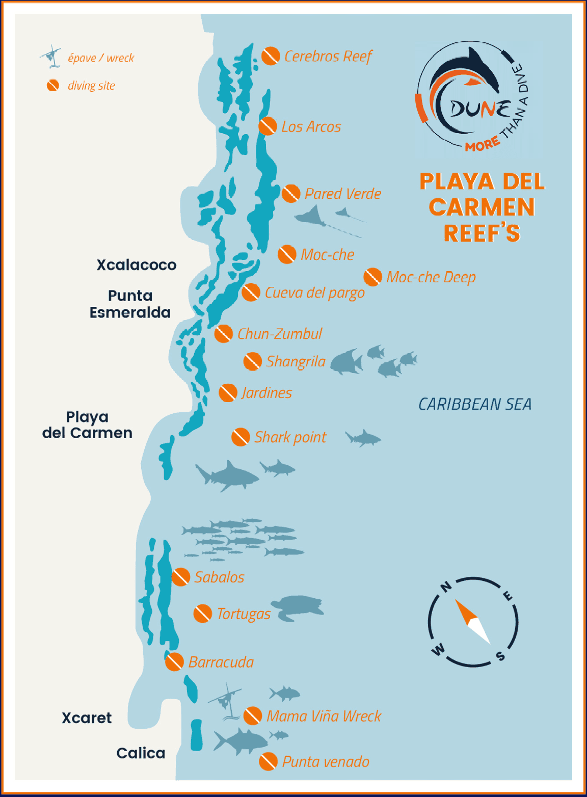 Carte des sites de plongée de Playa del Carmen - © Dune Mexico