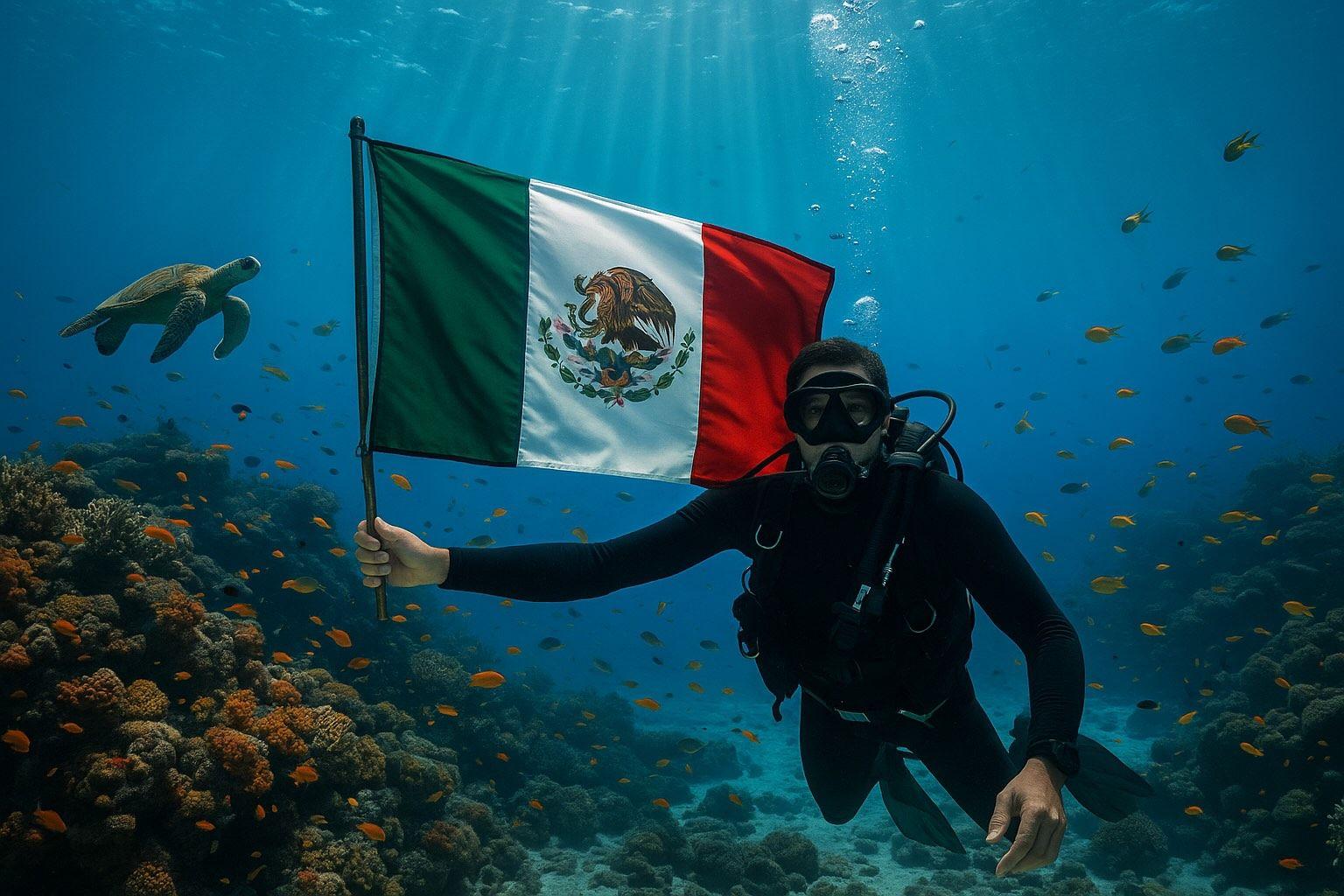 Diver Hold Mexico Flag Underwater - DUNE Mexico - © DUNE Nosy Be